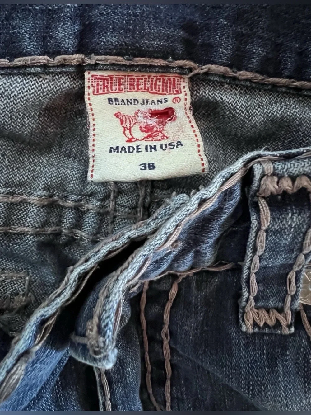 True Religion Ricky Jeans Super T Straight 36x32 Men's Relaxed Thick Stitching